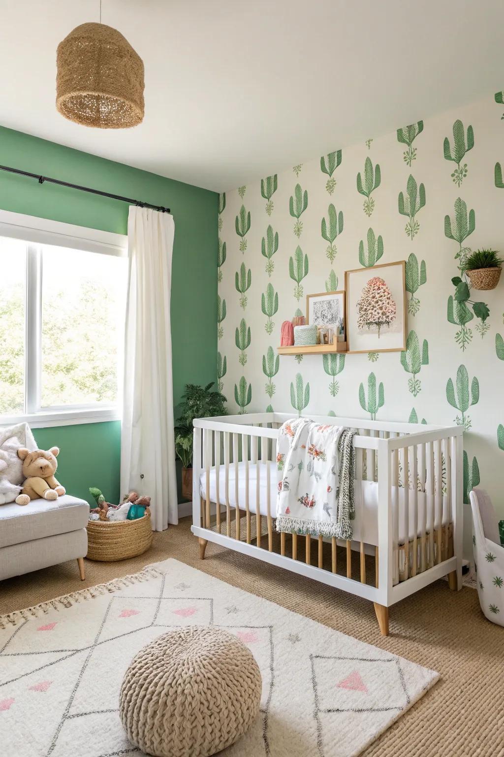 A playful nursery with charming cactus wallpaper.