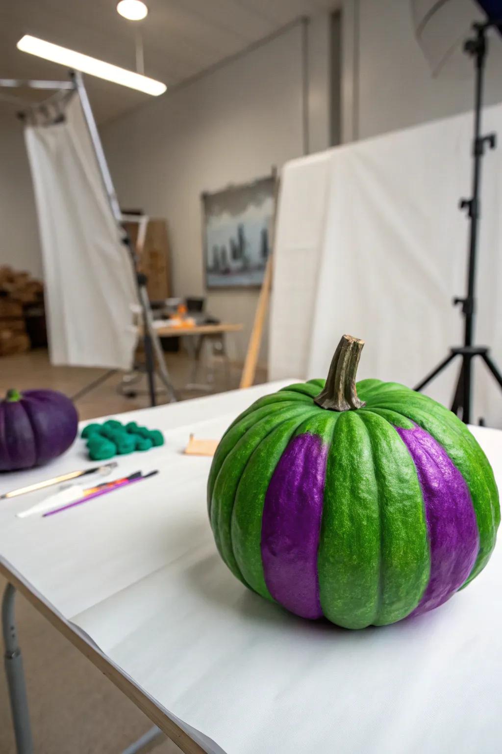 Bold green and purple contrast pumpkin inspiring creativity in the studio.