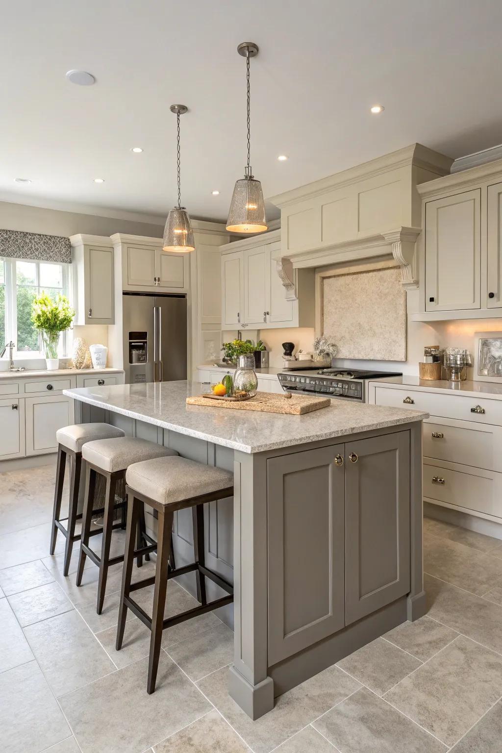 A beige island with grey accents becomes a focal point in the kitchen.