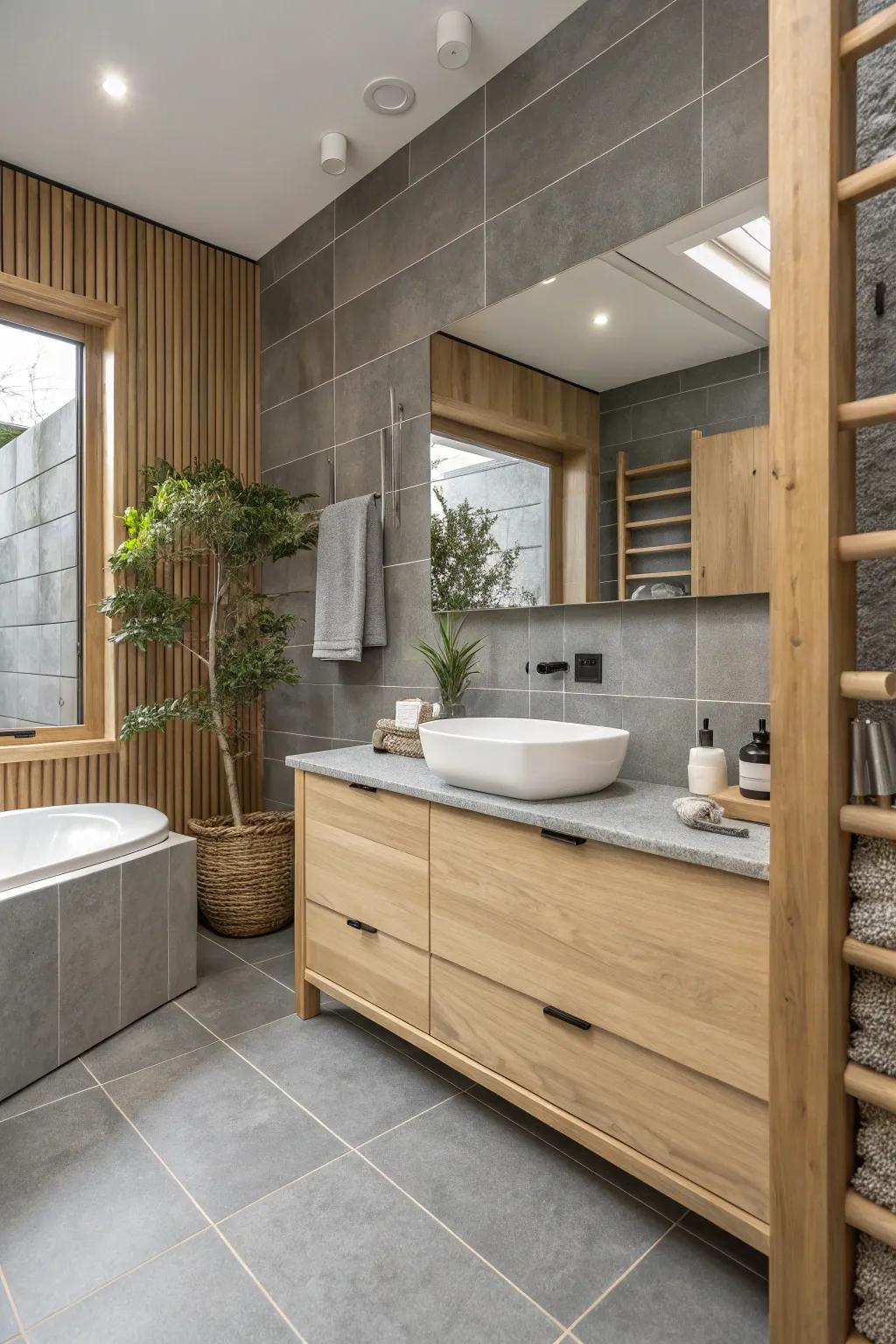 Japandi elements in gray and wood create a serene and balanced bathroom.