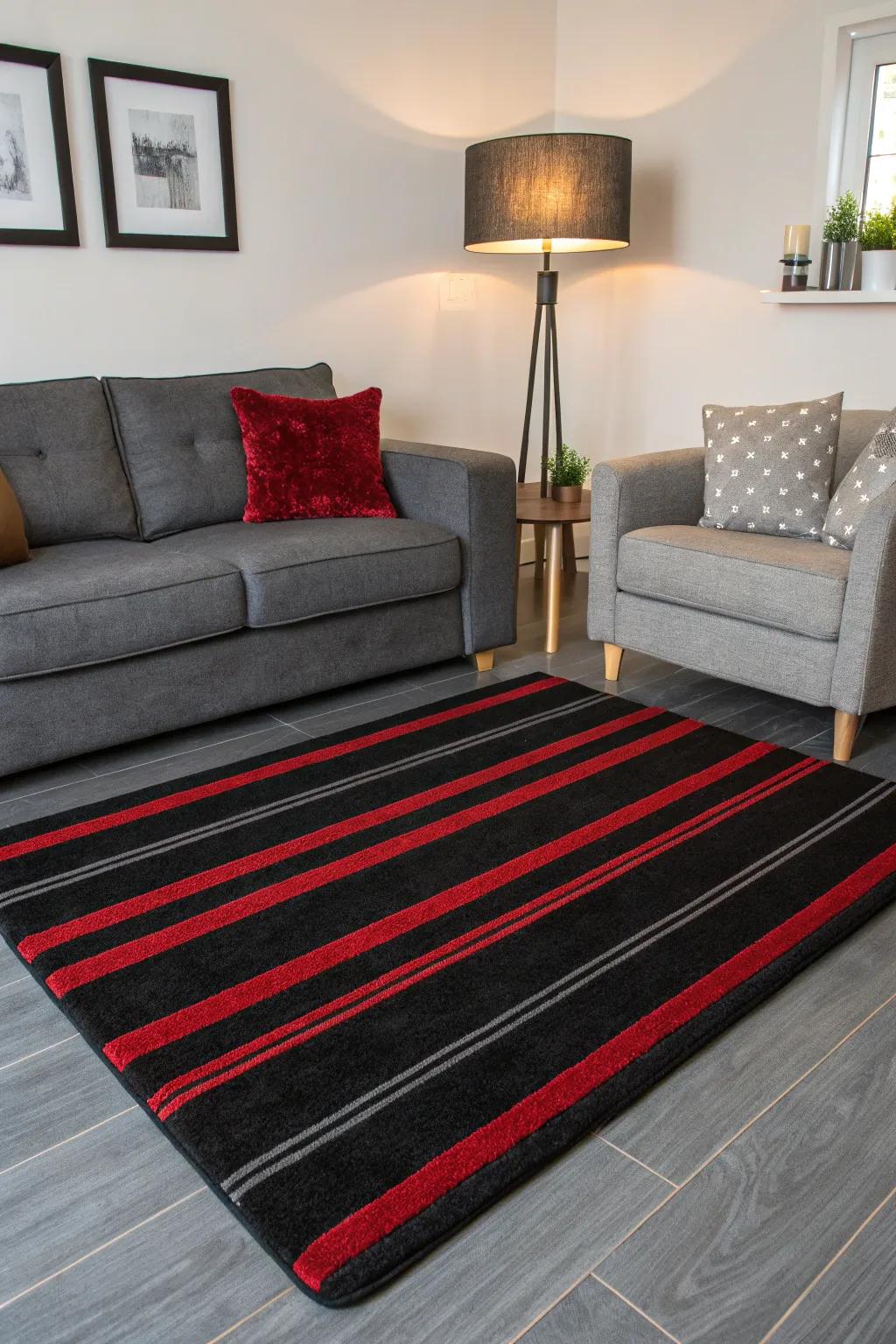 Black and red stripes add a bold statement to this living room.