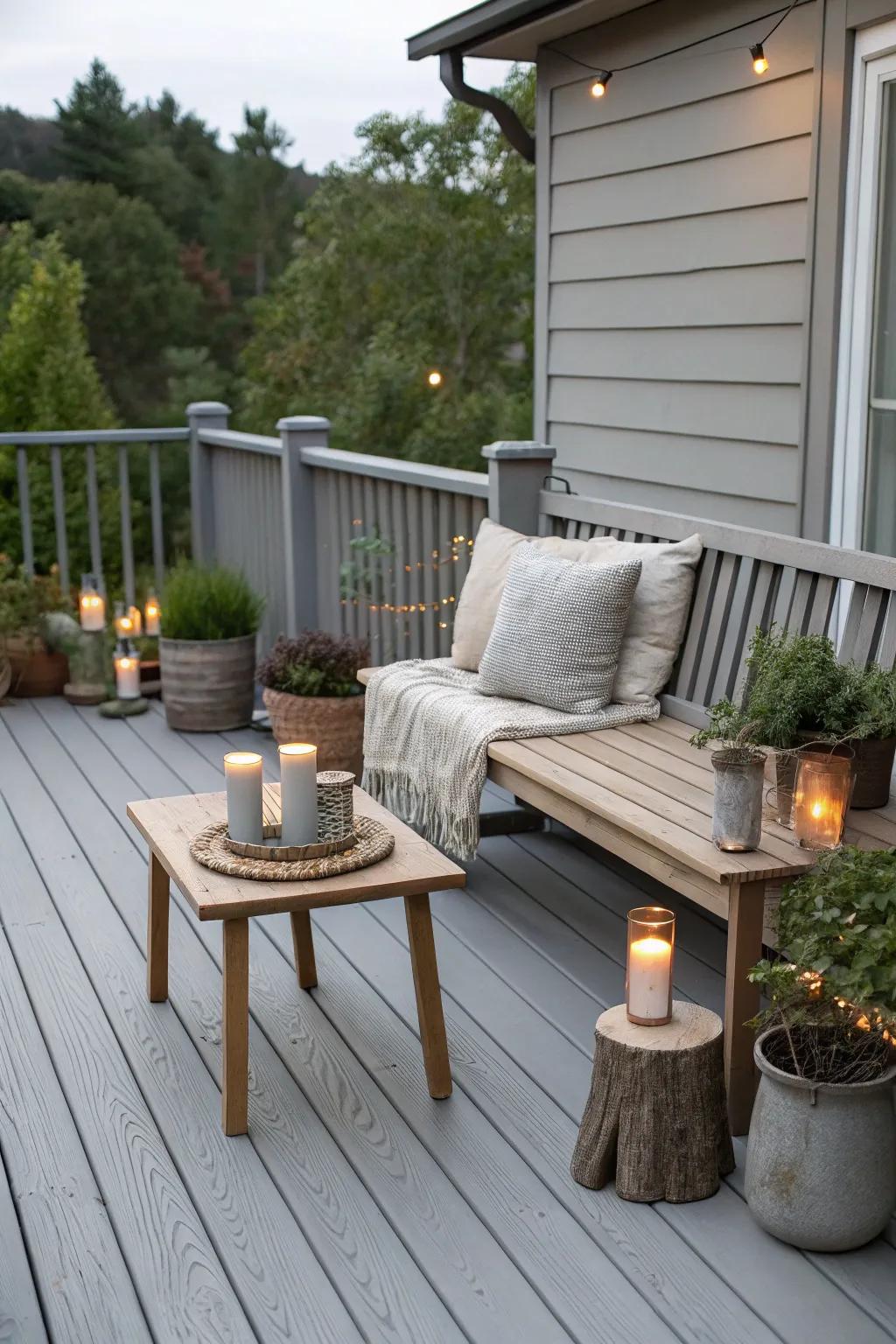 A grey deck that blends harmoniously with earth tones for a balanced look.