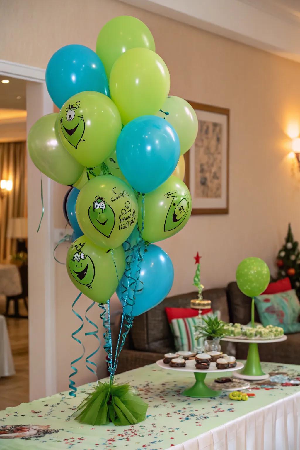 Grinch-colored balloons adding a playful touch to the festive table.