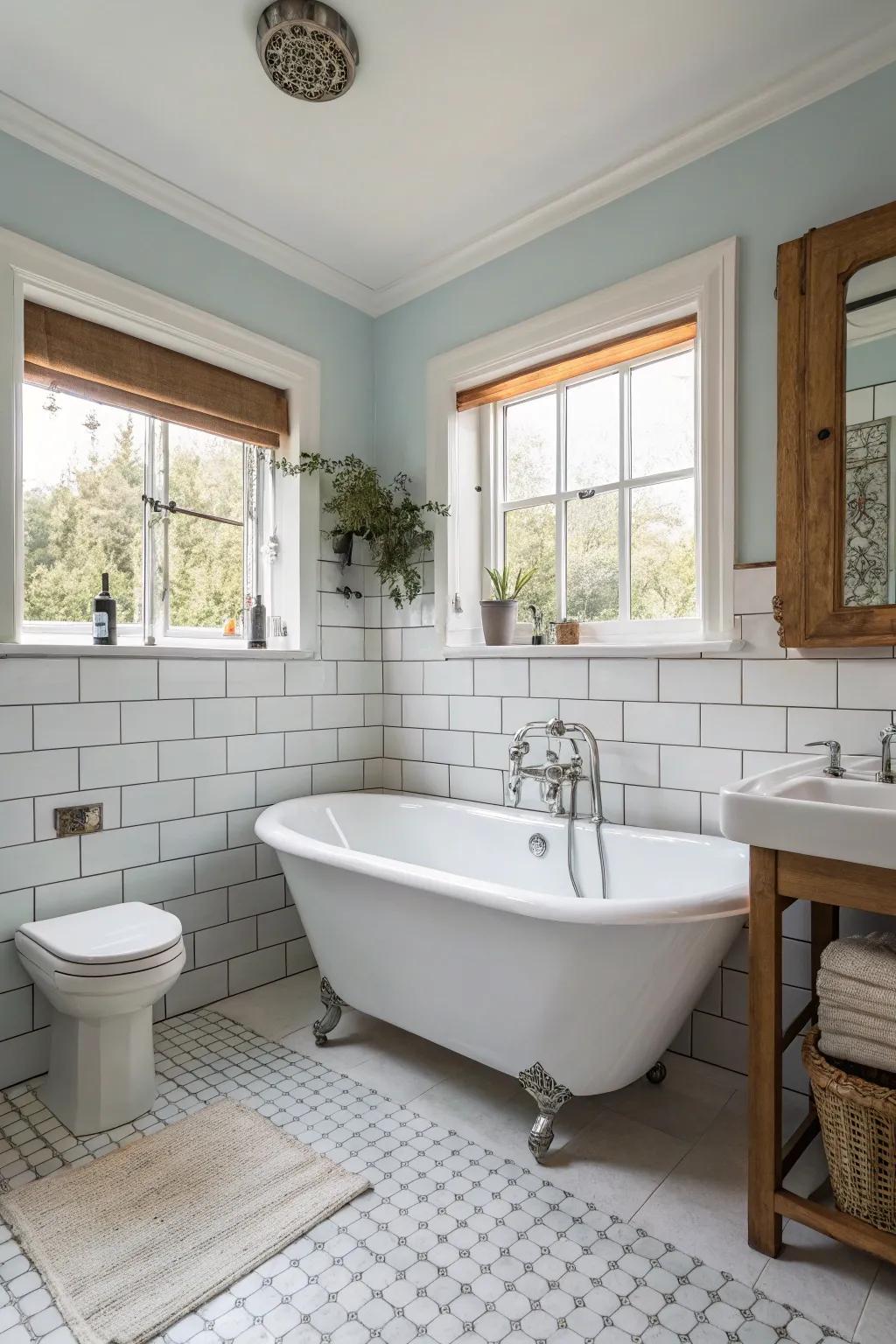 A freestanding bathtub adds elegance to this guest bathroom.