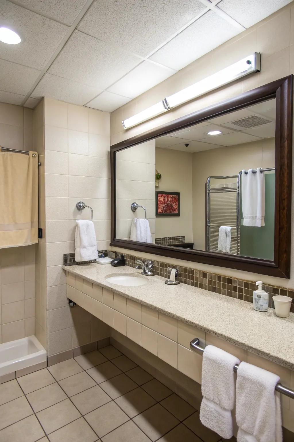 Functional hooks help keep the guest restroom tidy and organized.