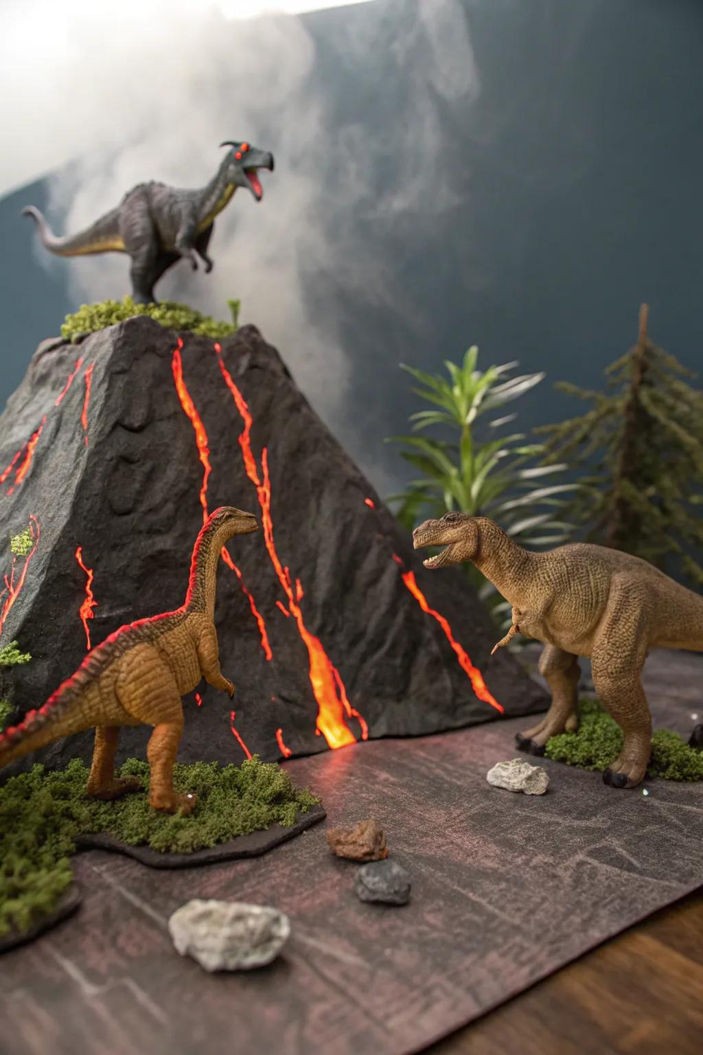 A dynamic volcanic habitat diorama with flowing lava and dinosaurs.