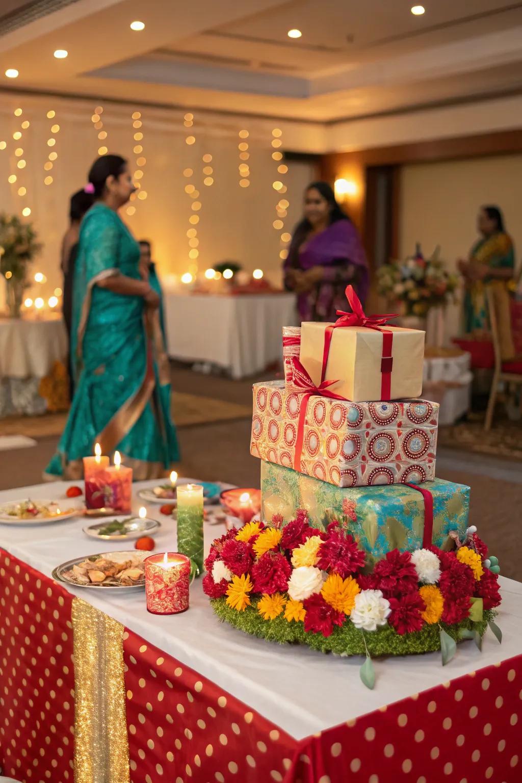 A beautifully decorated gift table displaying gratitude and celebration.