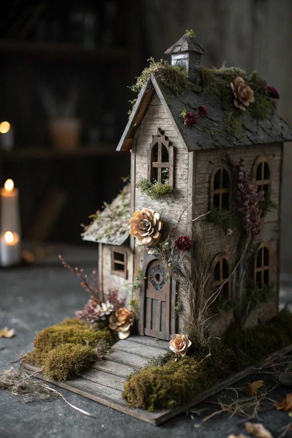 A haunted house centerpiece crafted from a cardboard box.