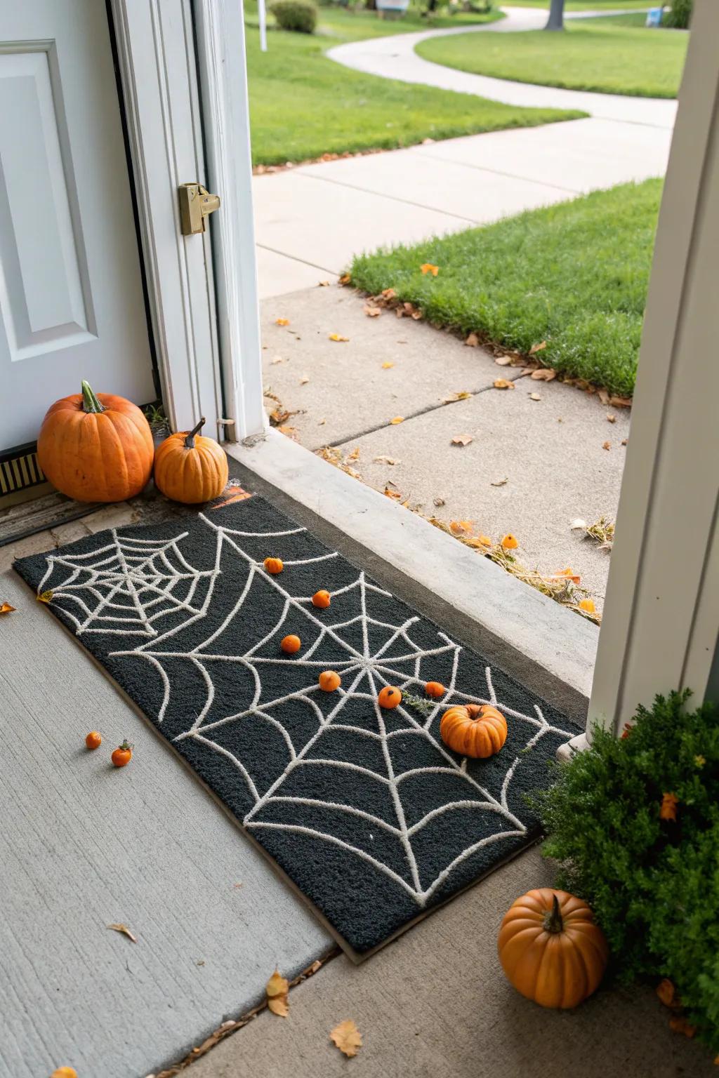 A spiderweb doormat adds a subtle Halloween touch to your entrance.