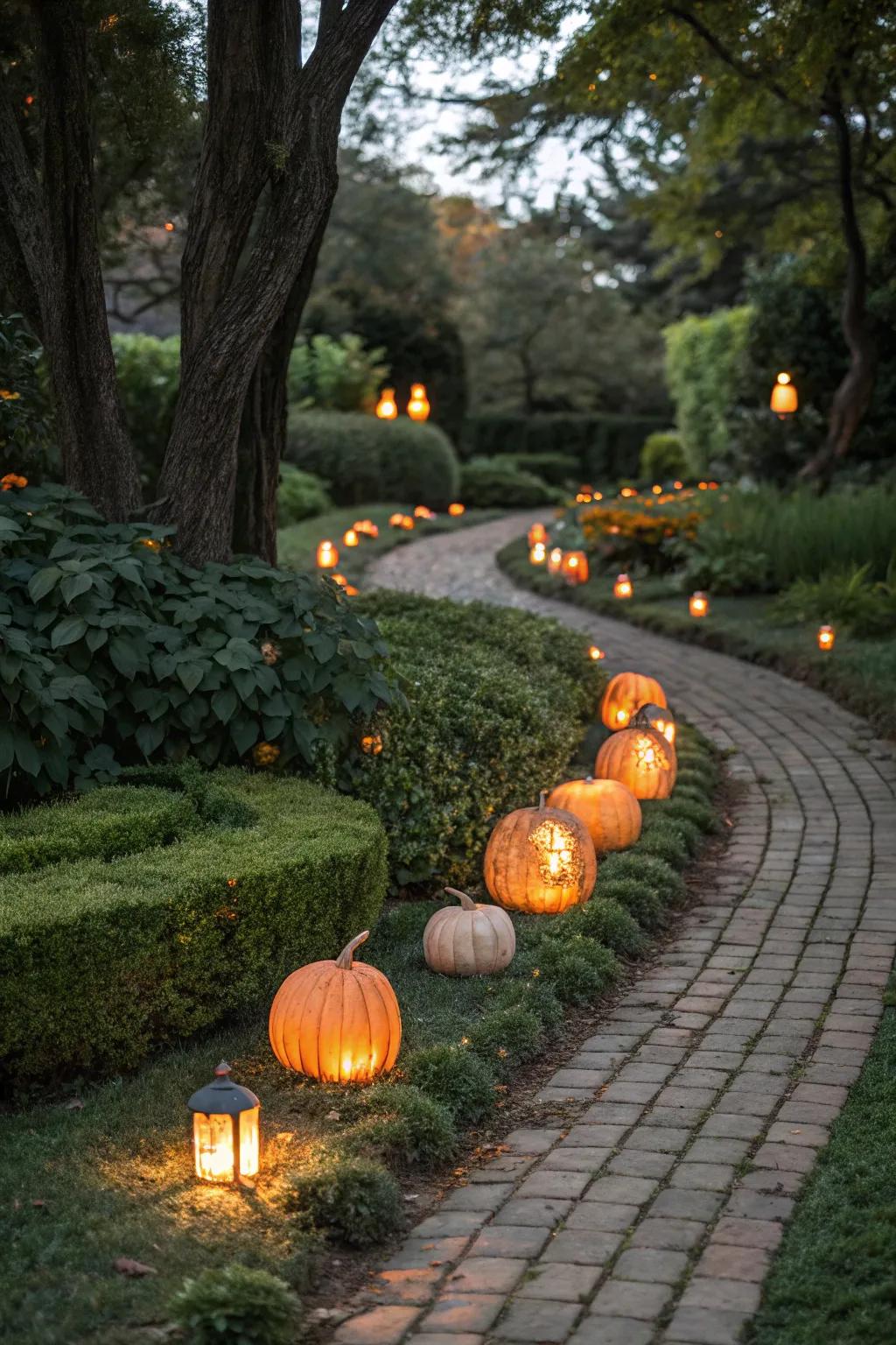 Pumpkin pathway lights warmly welcome guests to your door.