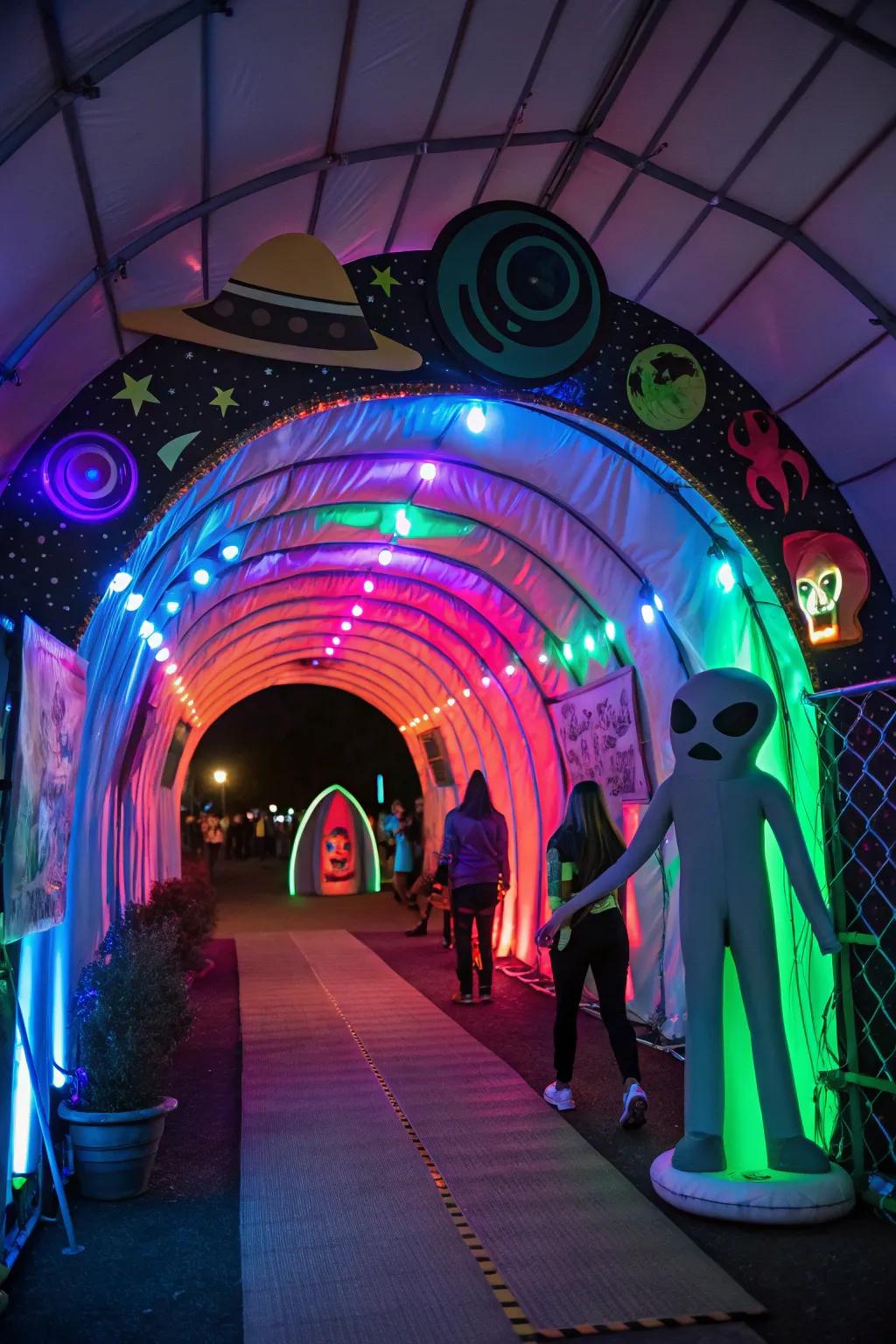 An alien encounter theme offers a cosmic twist on traditional Halloween decor.