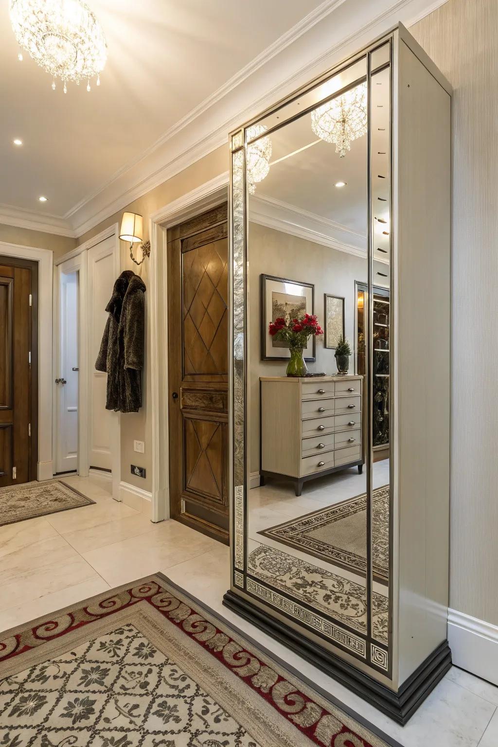 Mirrored cabinets enhance space and add elegance.