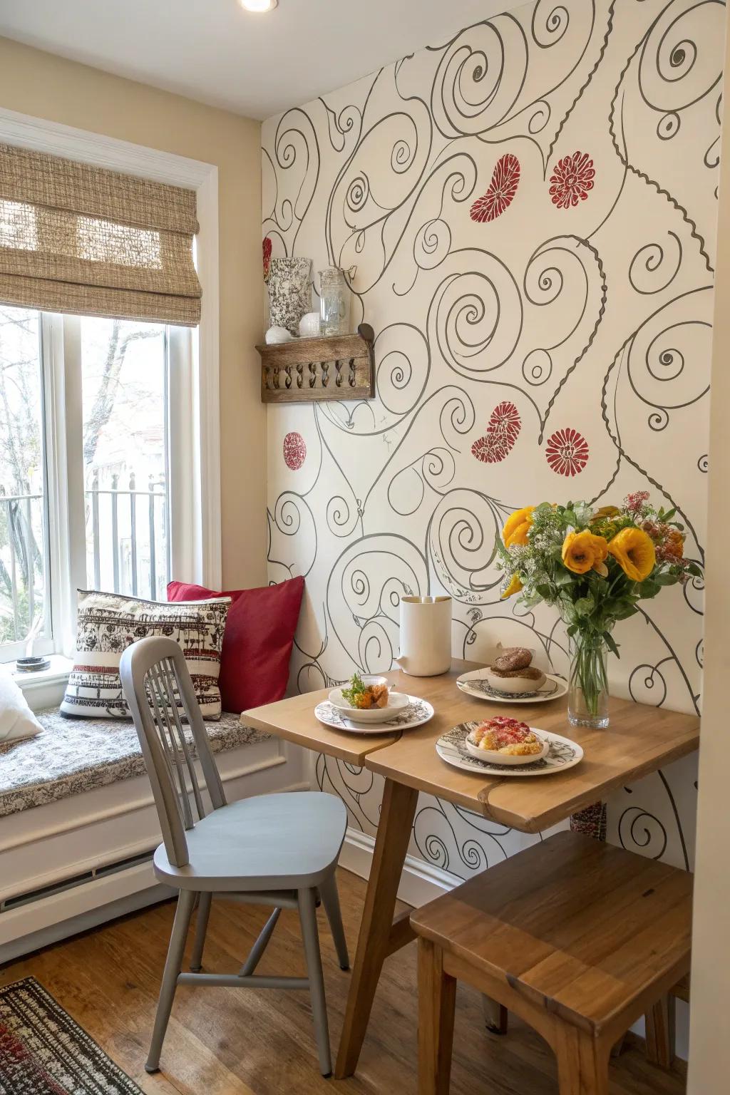 Whirling patterns add a playful and dynamic vibe to the breakfast nook.