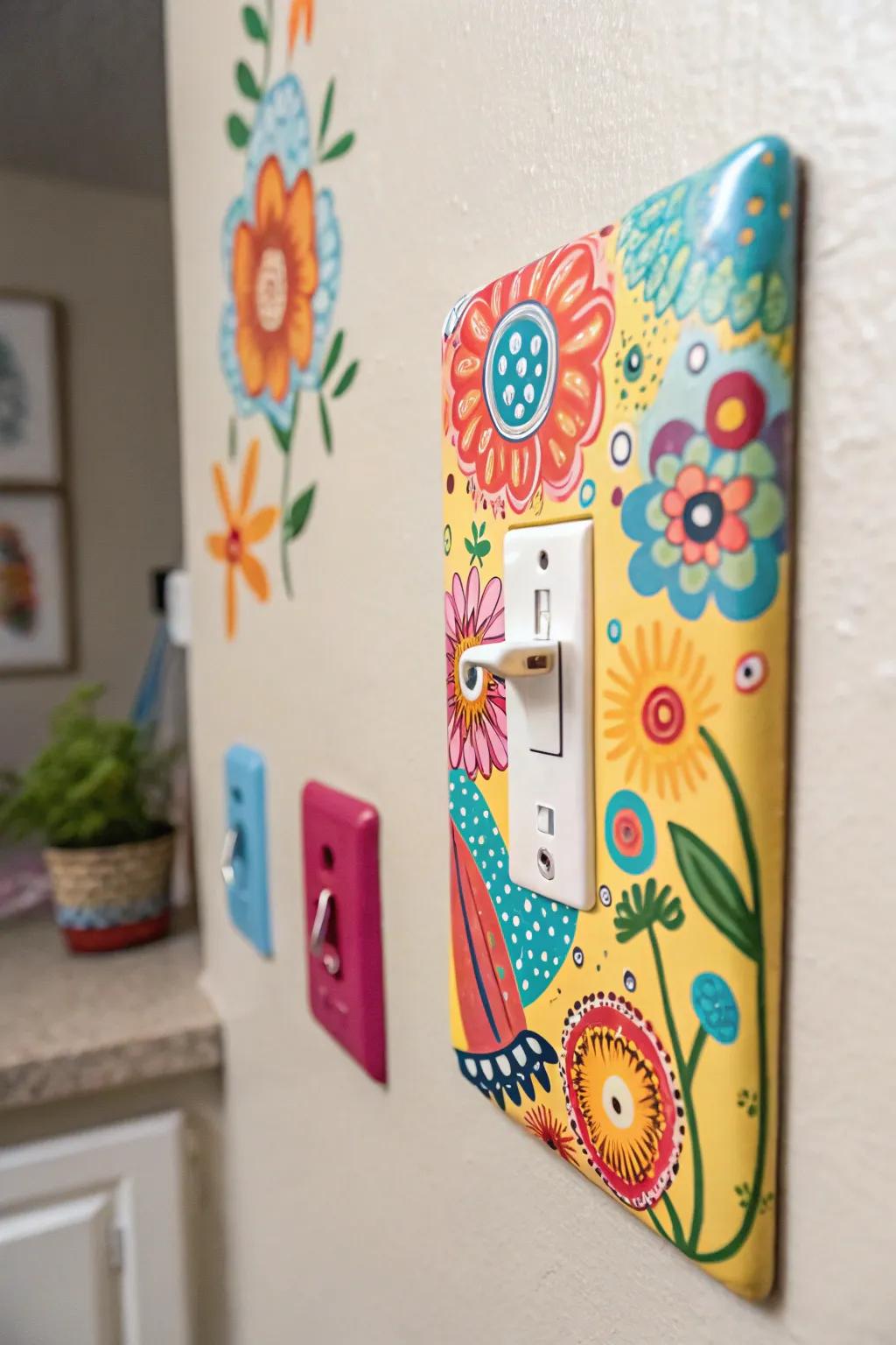 A colorful switch plate that adds a joyful touch to any room.