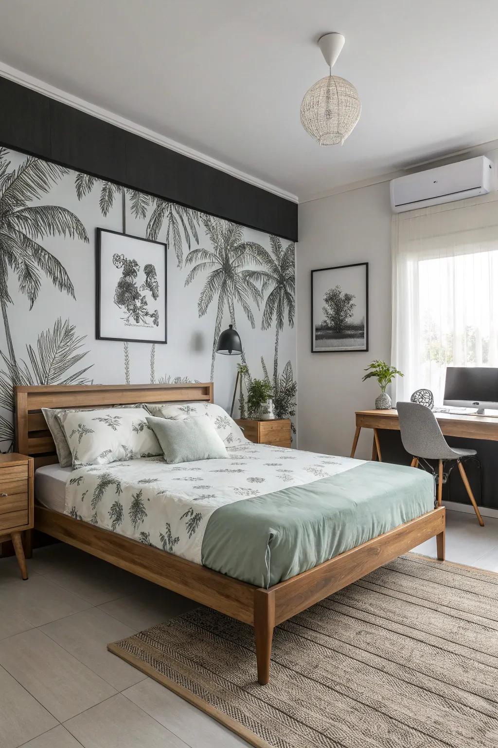 Minimalist tropical-themed bedding offers a clean and modern look.