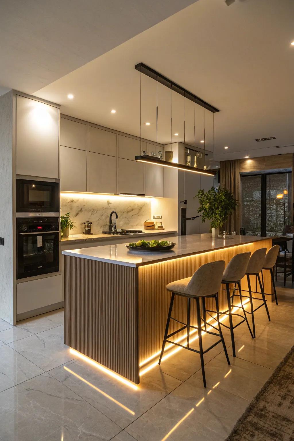 A modern kitchen featuring an island with hidden lighting beneath the countertop.