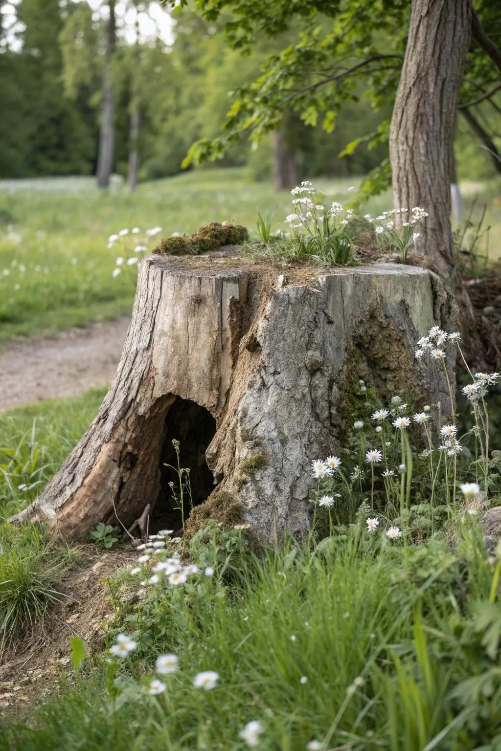 Unlock Nature's Secret: Elegantly Hide Your Key in a Rustic Tree Stump.