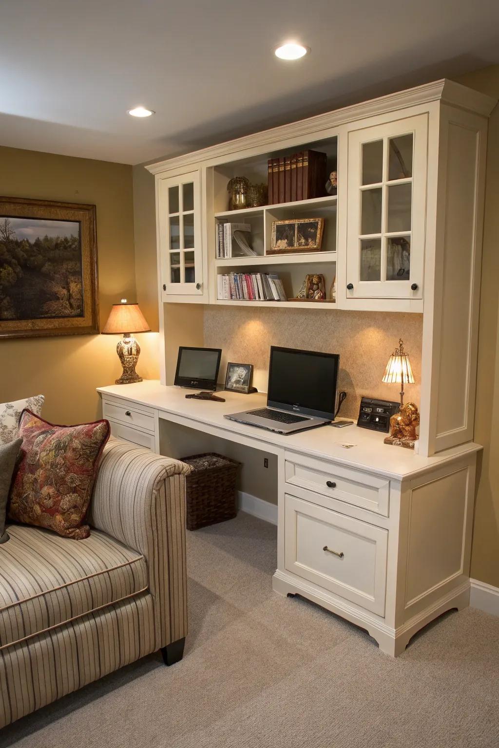 A built-in desk creates a seamless workspace.