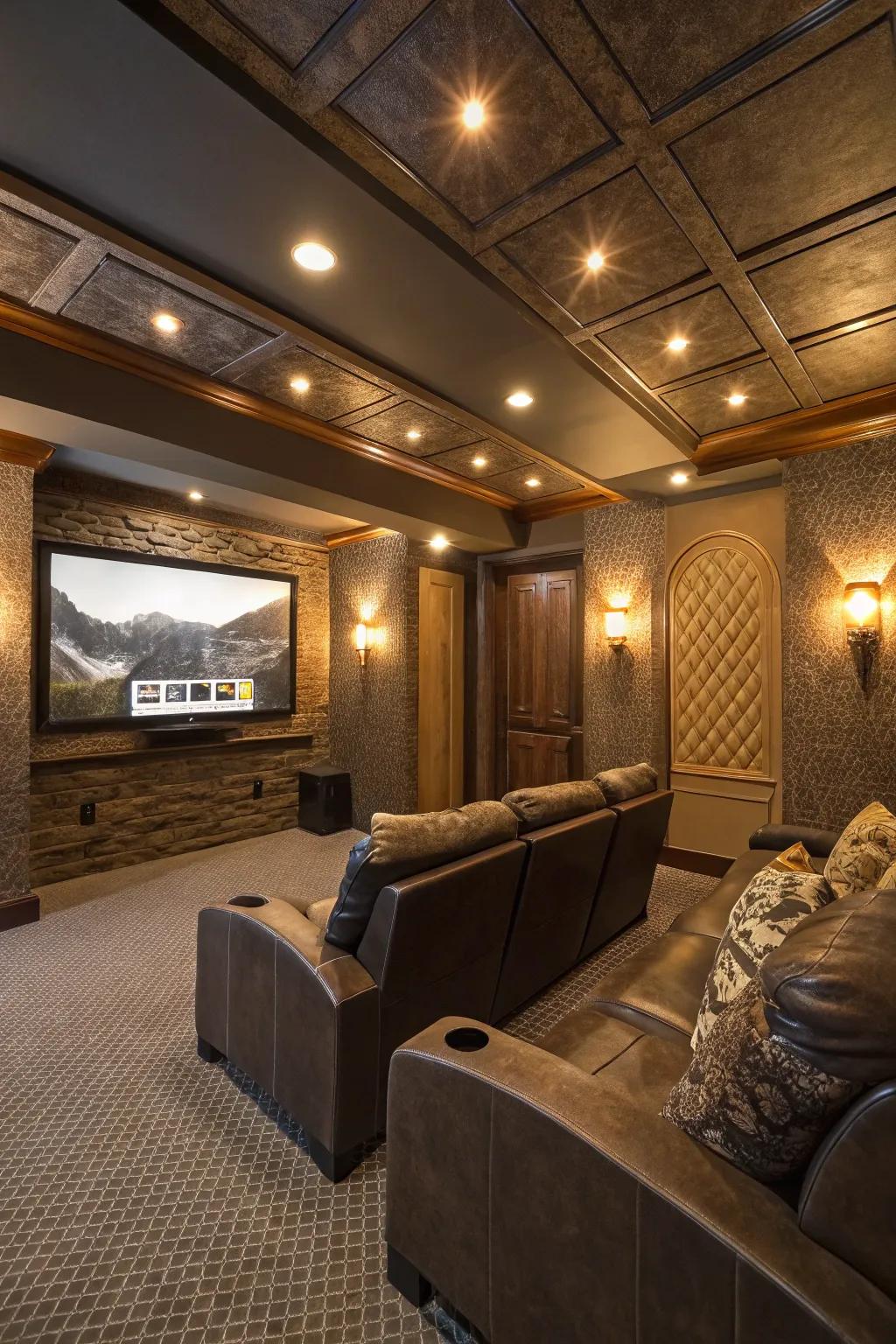 Textured walls add visual interest and dimension to your home theater.