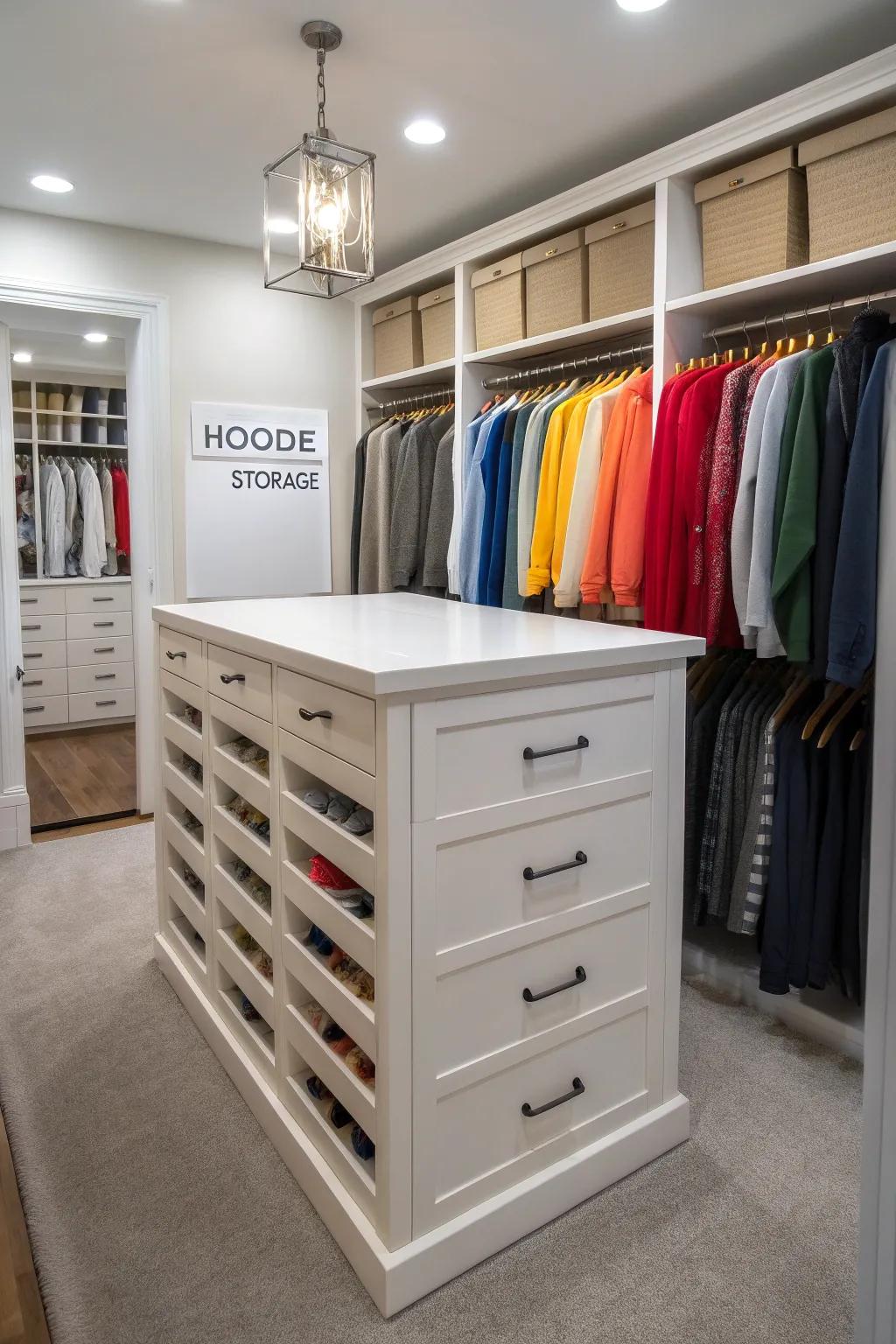 Closet islands offer centralized storage solutions for hoodies and more.