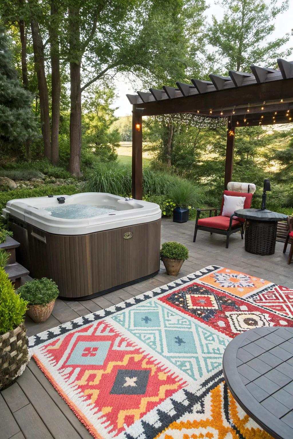 Outdoor rugs add texture and warmth to your hot tub patio.