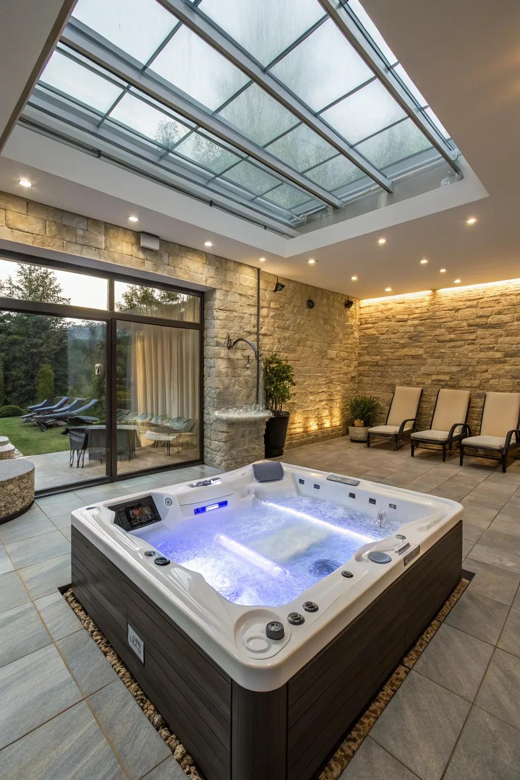 A high-tech hot tub room equipped with smart technology.