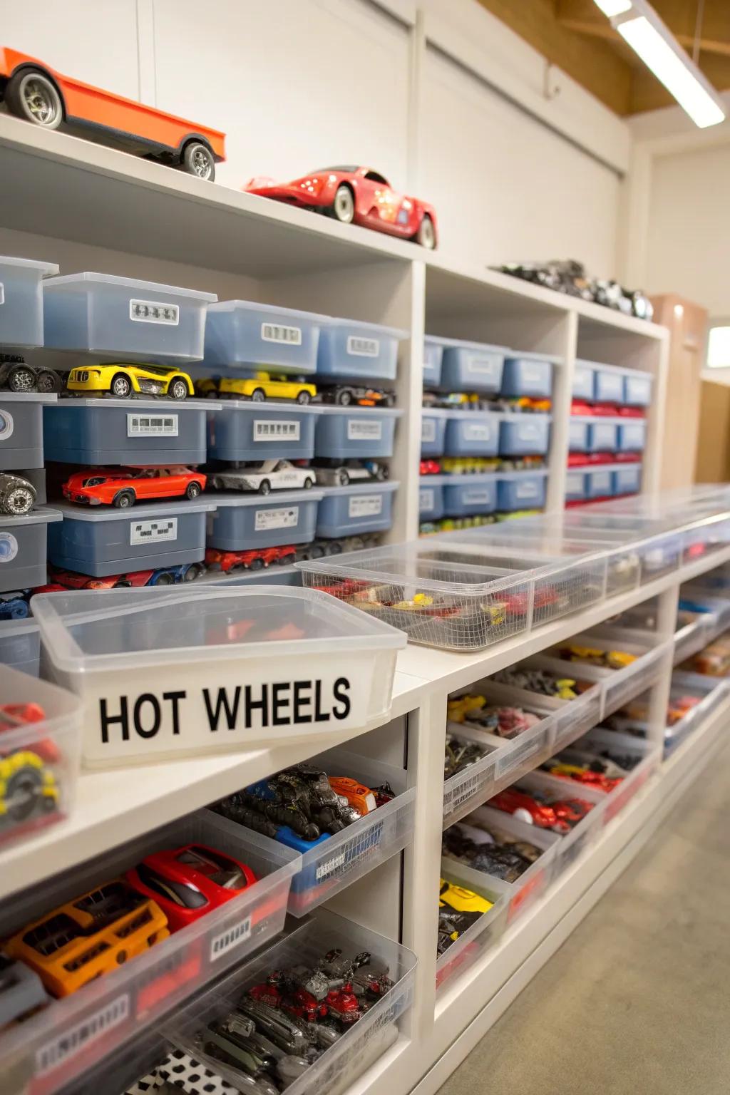 Labeled storage bins provide organized Hot Wheels storage.