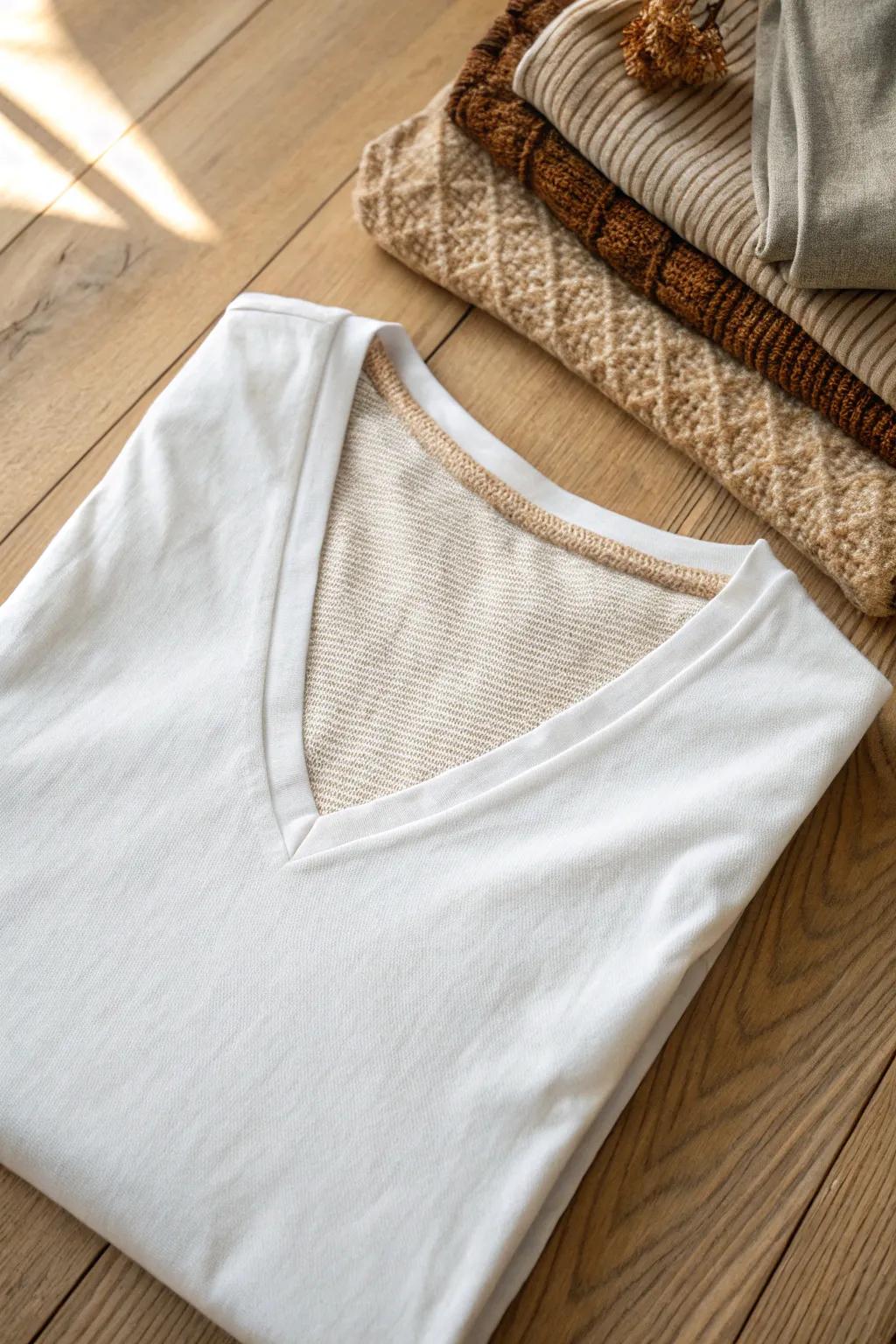Transform your t-shirt with a bold V-neck and boho fabric insert for a chic, no-sew upgrade.