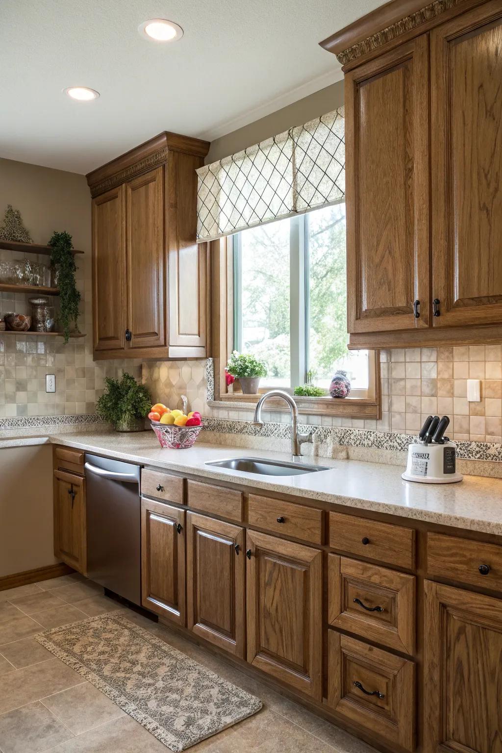 Wainscoting adds architectural interest above kitchen cabinets.