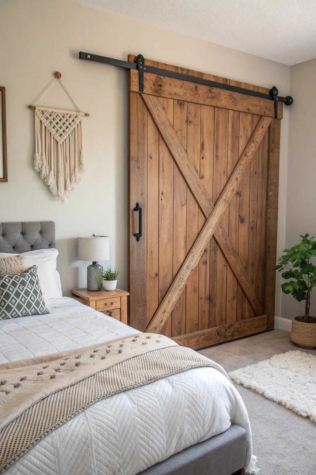 Transform your bedroom with rustic elegance: A stunning barn door headboard crafted with love.