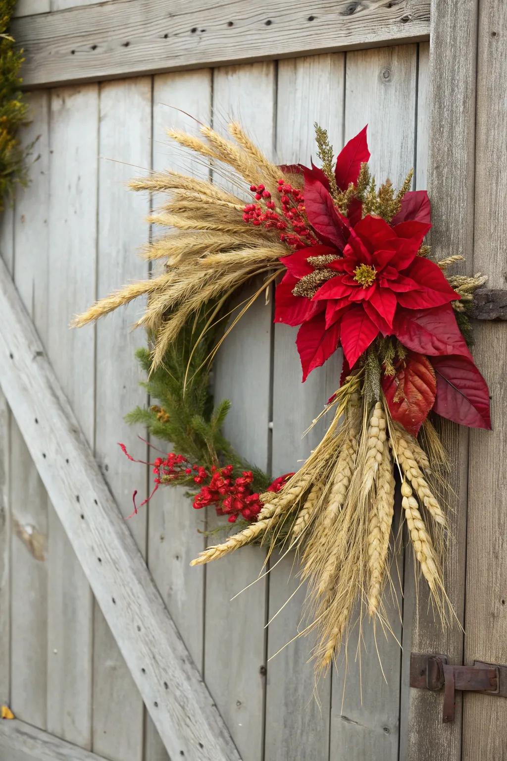 A harvest poinsettia and wheat wreath on a barn door.