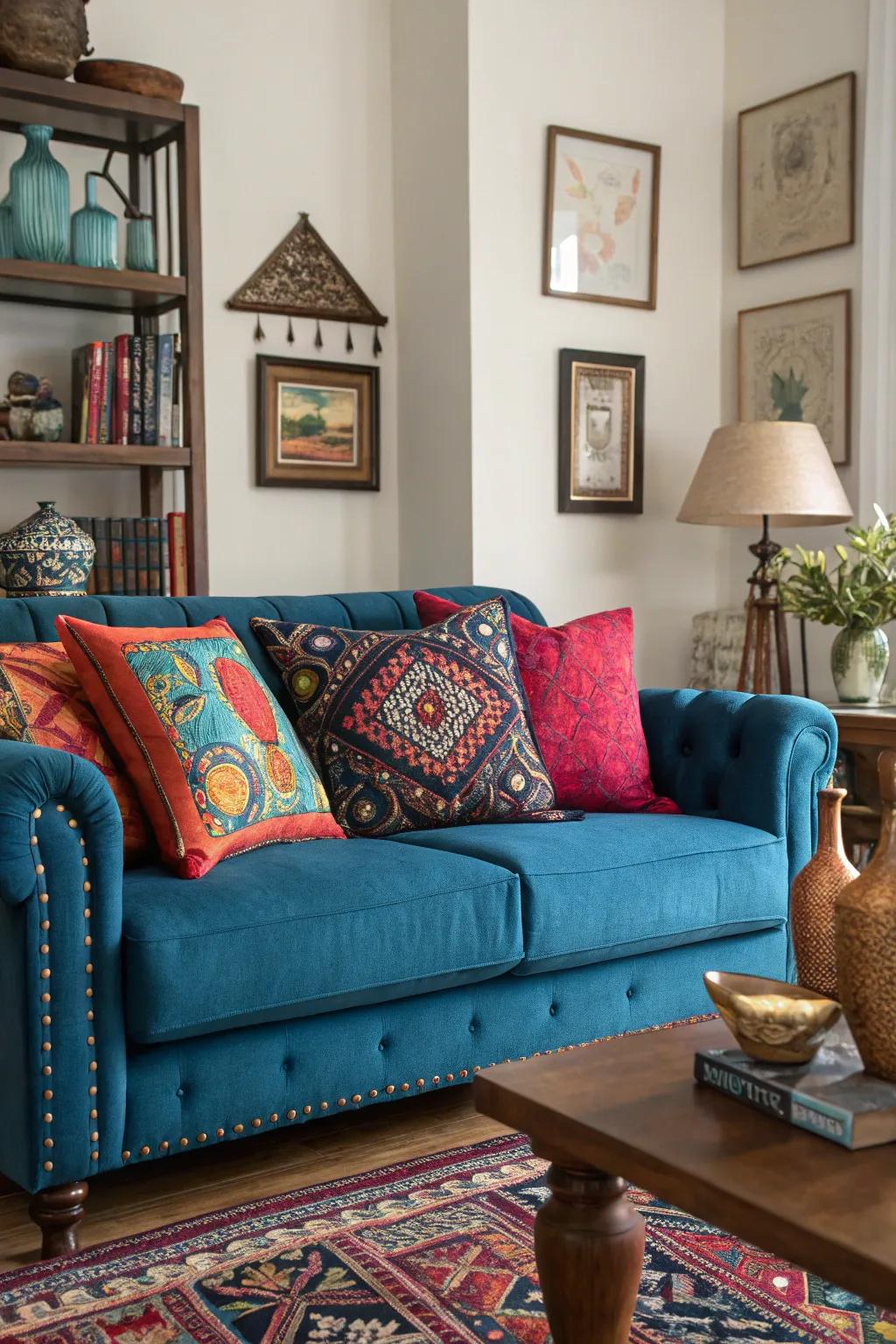 Jewel tones add richness and luxury to a blue couch setting.