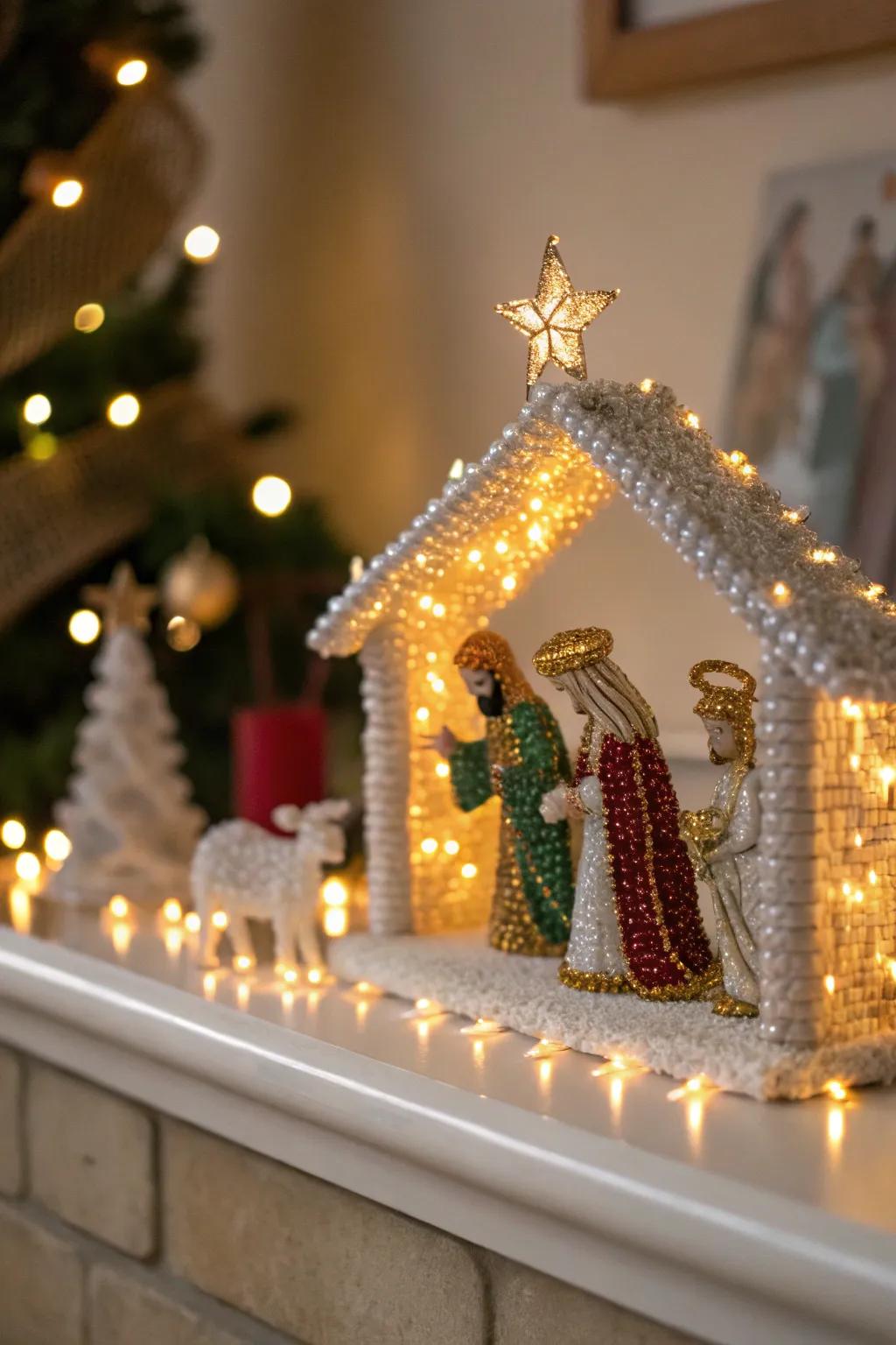 Beaded figures add a festive shimmer to the nativity scene.