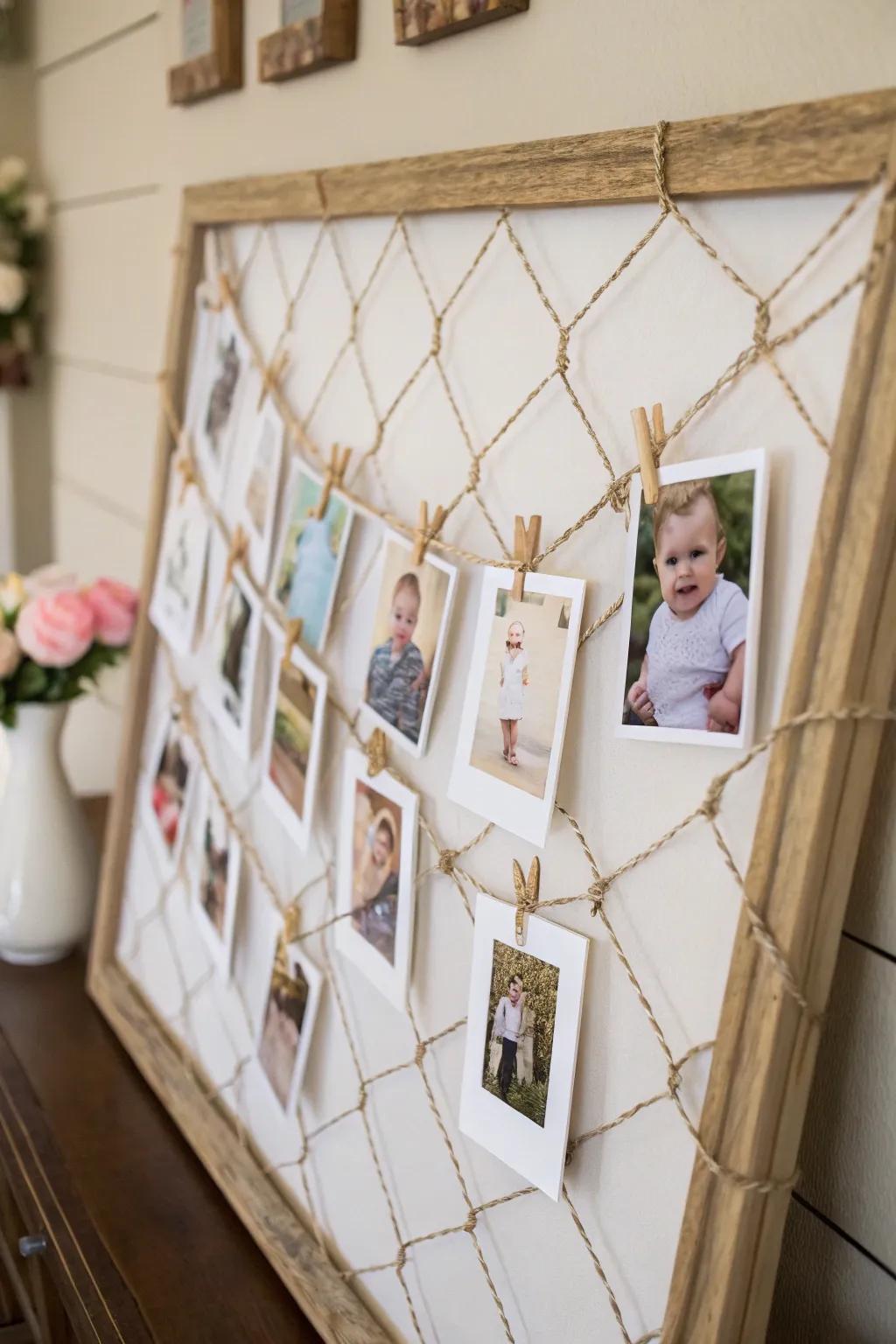 A twine garland offers a rustic and casual photo display.