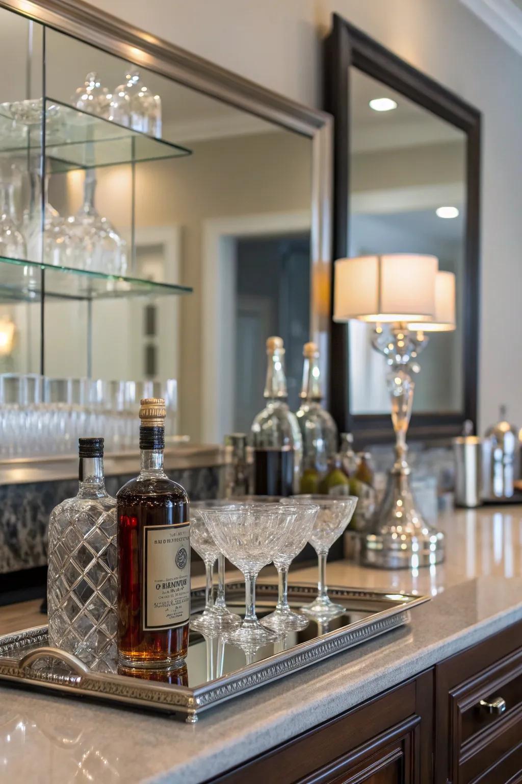 Glass and mirrors enhance the openness and elegance of the home bar.