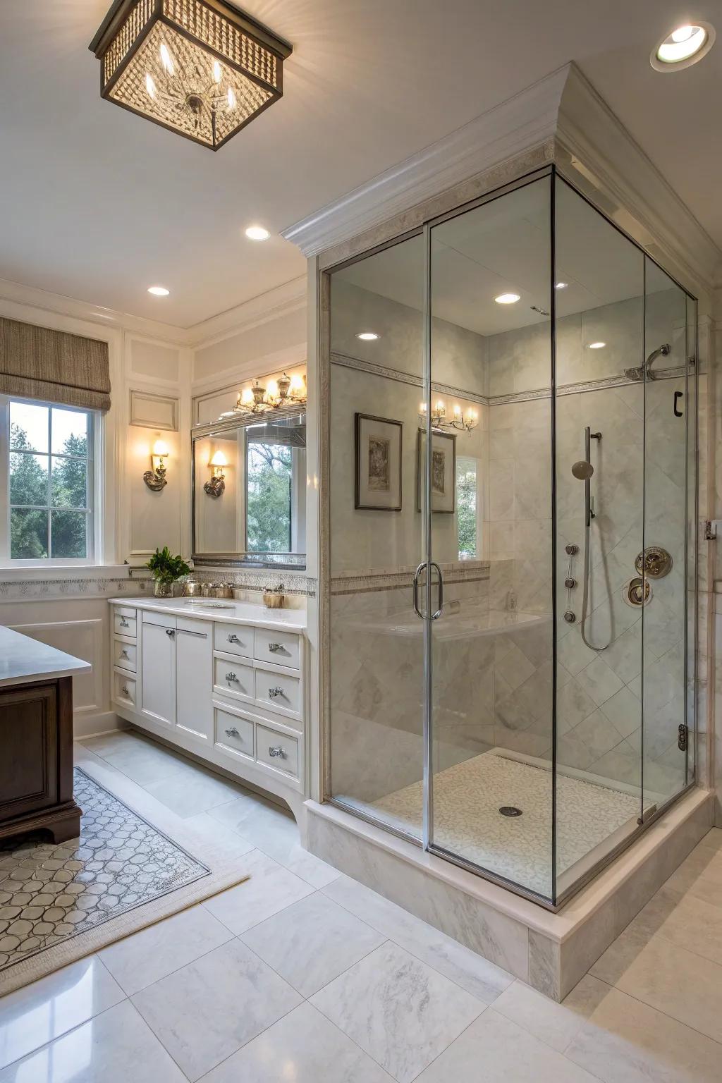 A luxurious shower enclosure adds modern elegance to this master bathroom.