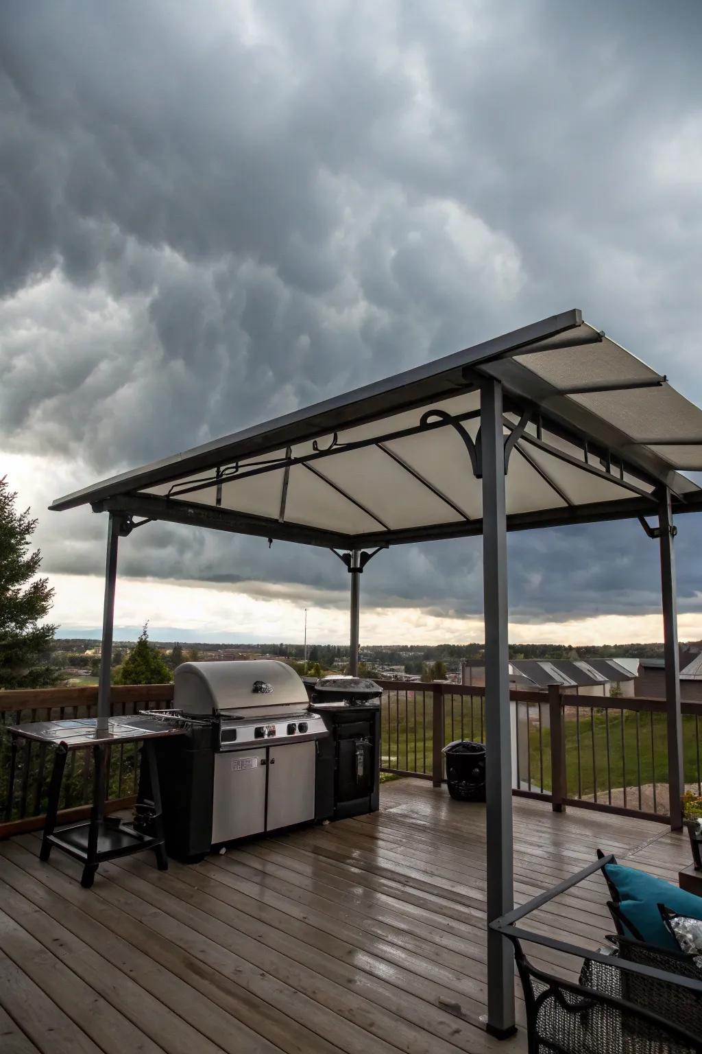 A weatherproof canopy provides reliable protection for all-weather grilling.