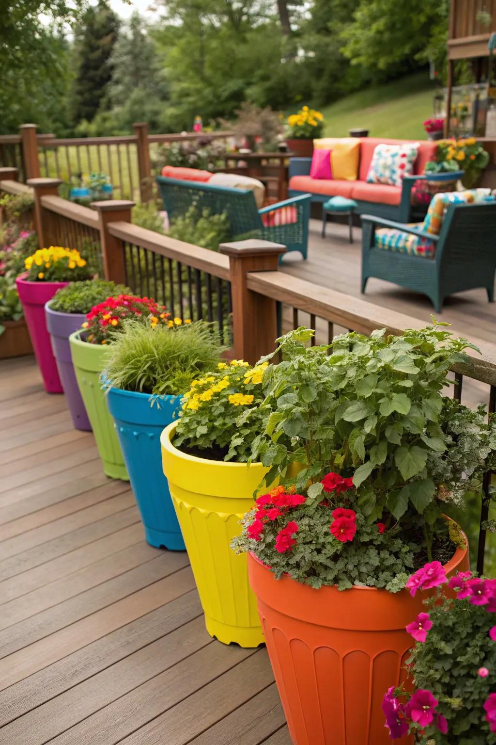 Colorful planters bring vibrancy and personality to the deck.