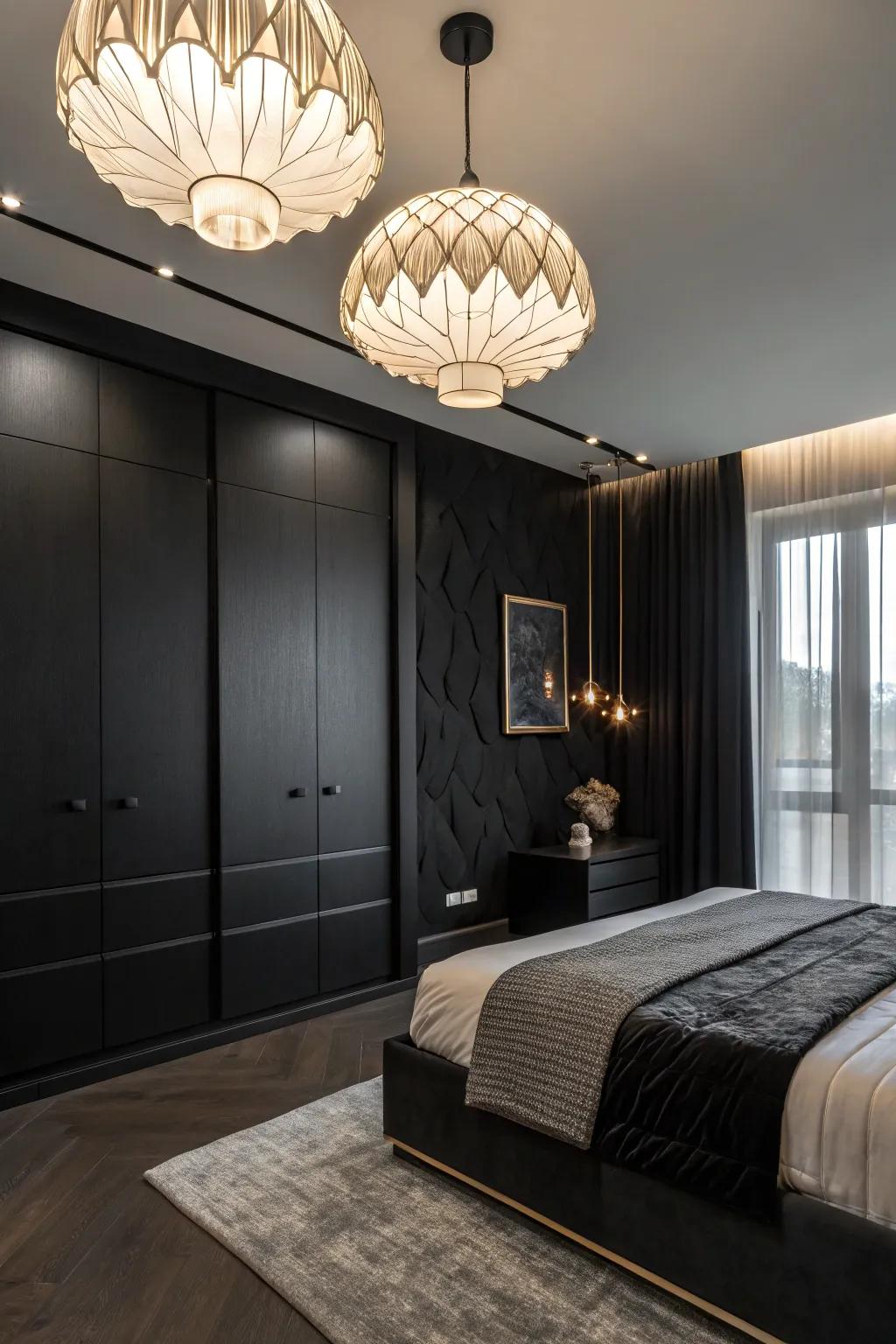 Sculptural lighting adds artistic interest to this minimalistic black bedroom.