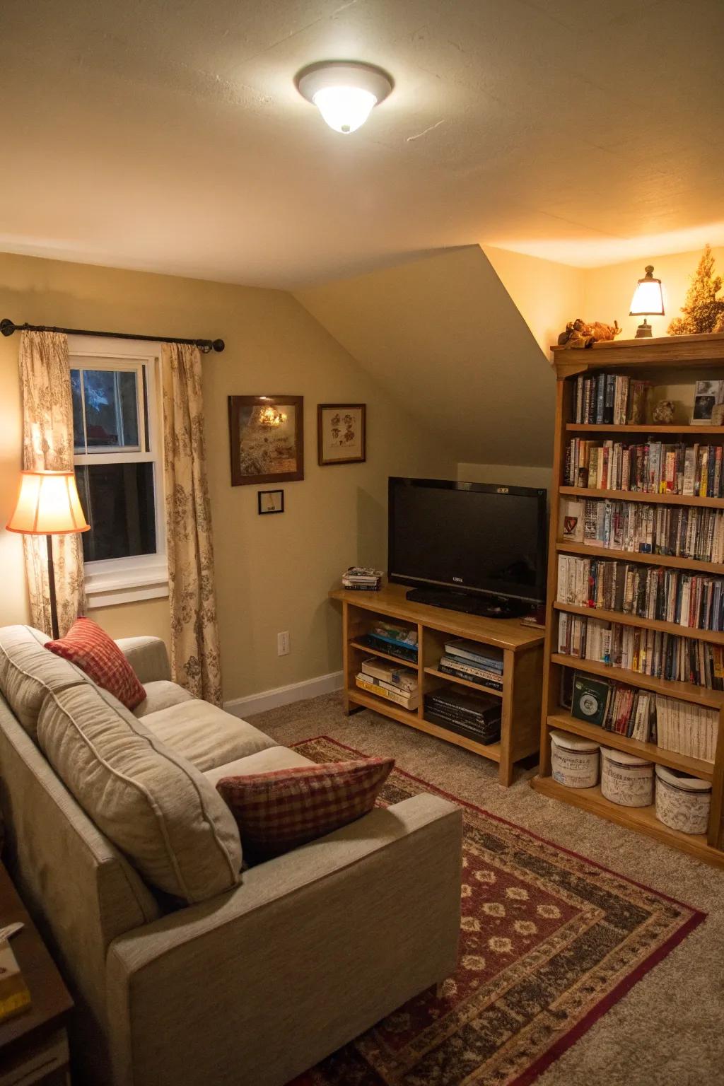 A TV in a corner nook maximizes space and creates a cozy viewing area.