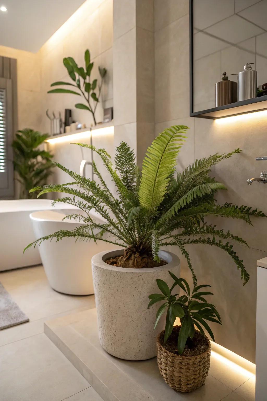 Kangaroo Paw Ferns add a touch of the exotic to bathroom settings.