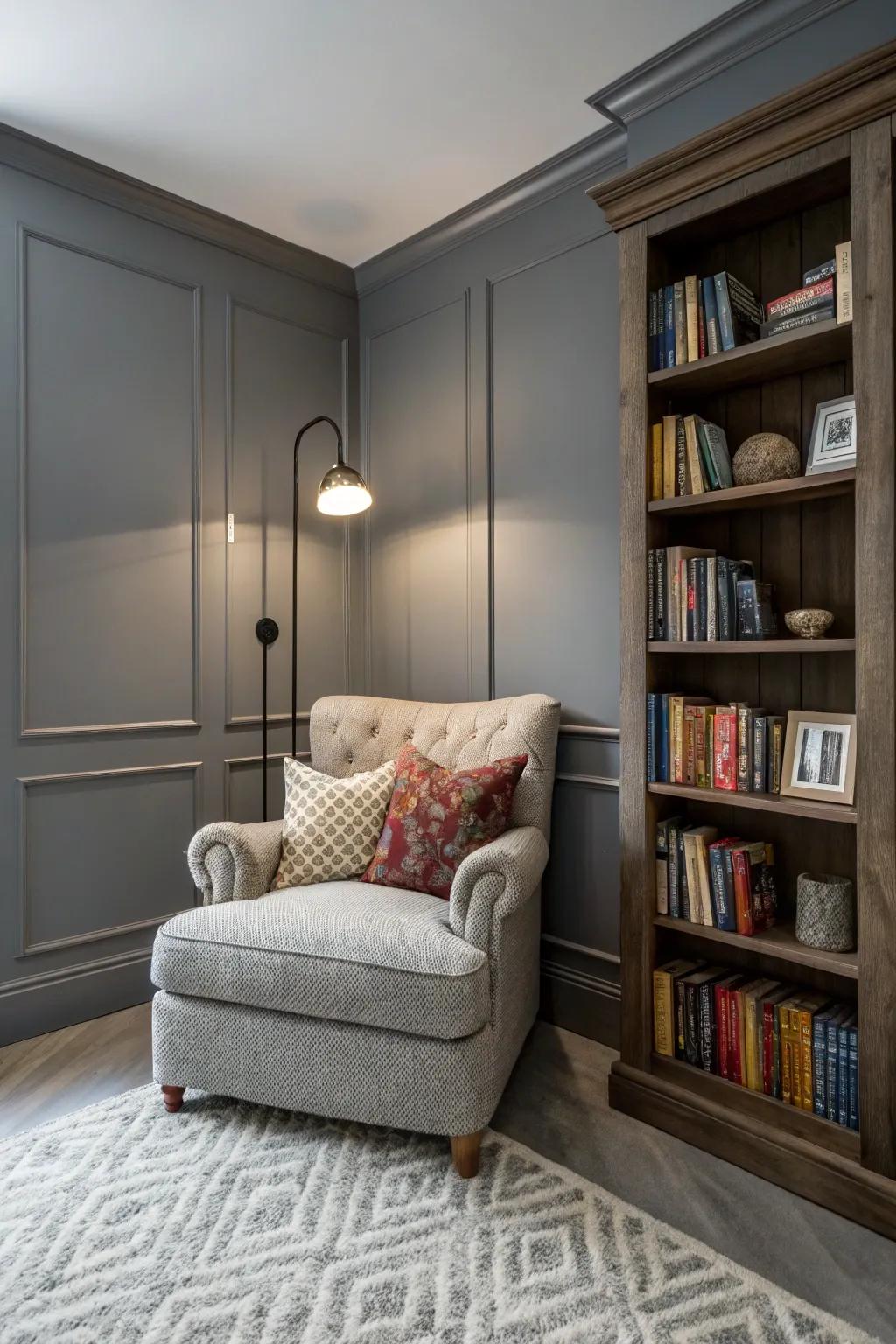 A reading nook offers a cozy retreat within the bedroom.