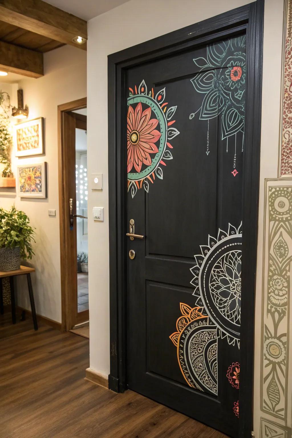 Artistic touches adding personality to a black door.