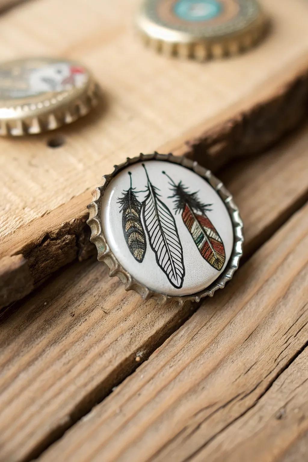 Feather-adorned bottle cap pins for a bohemian touch.