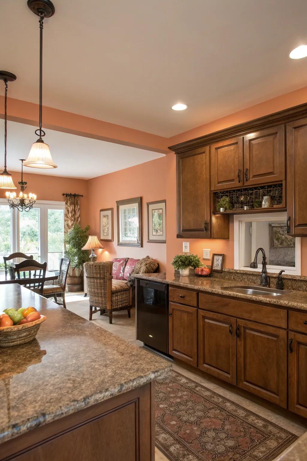 Soft peach walls add warmth and coziness to kitchens with brown granite.