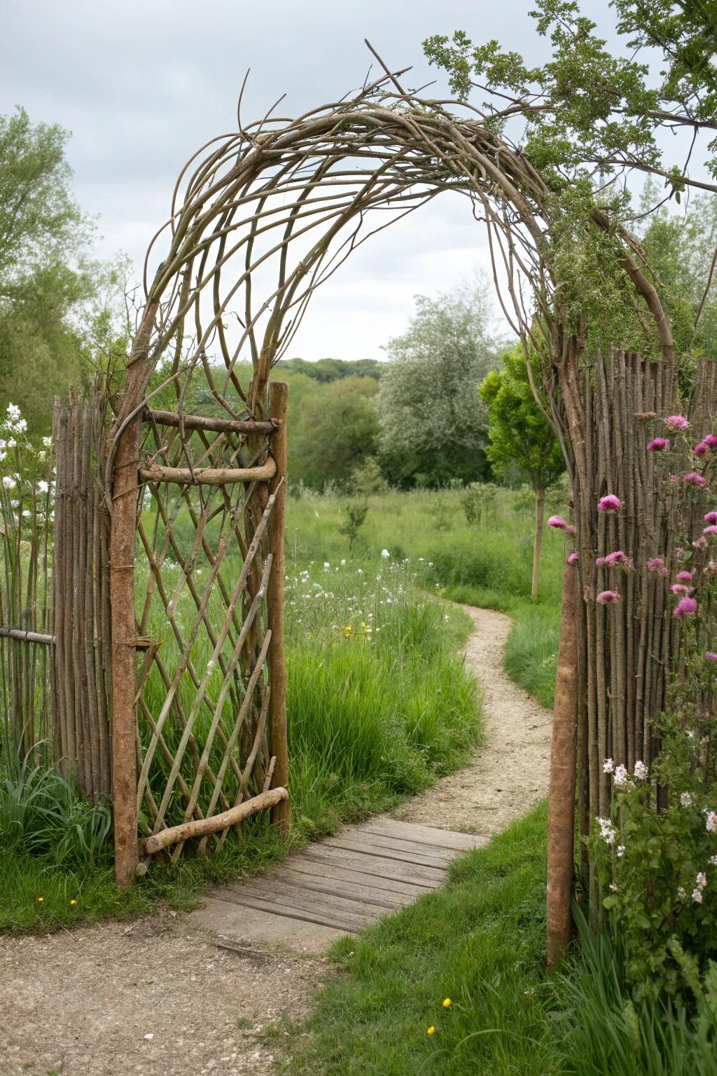 A willow and wire gate offers an eco-friendly and organic garden entrance.