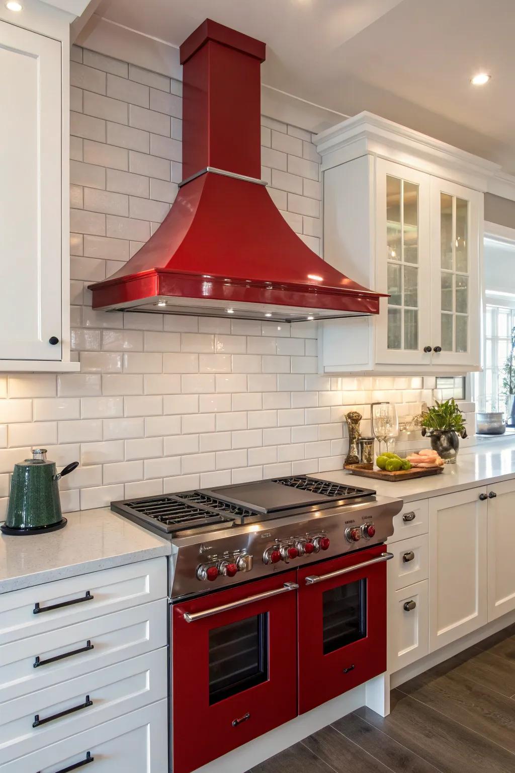 A contemporary kitchen featuring a bold red range hood.