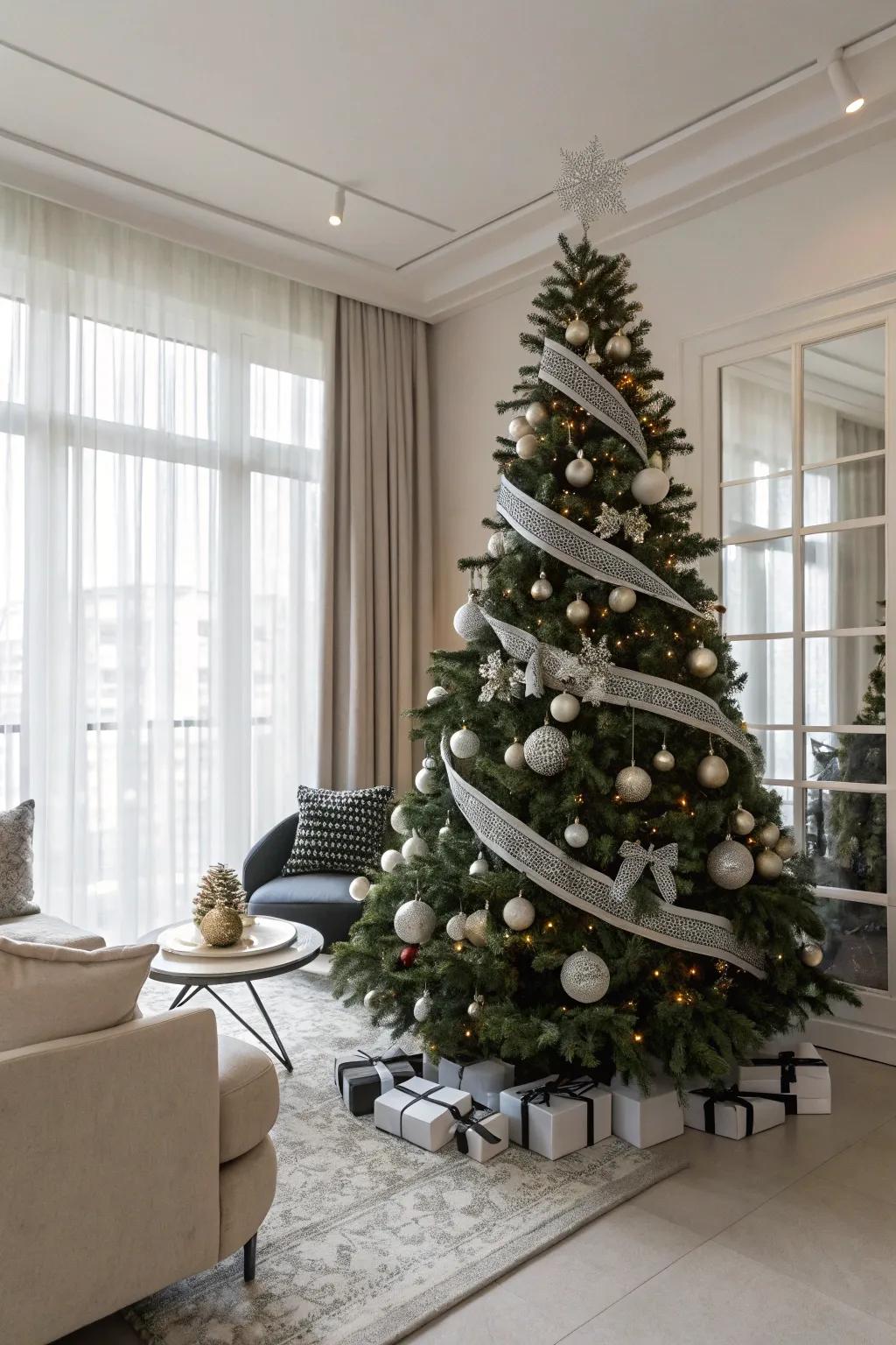 A chic Christmas tree adorned with black and white ribbons, adding a sophisticated touch to the decor.