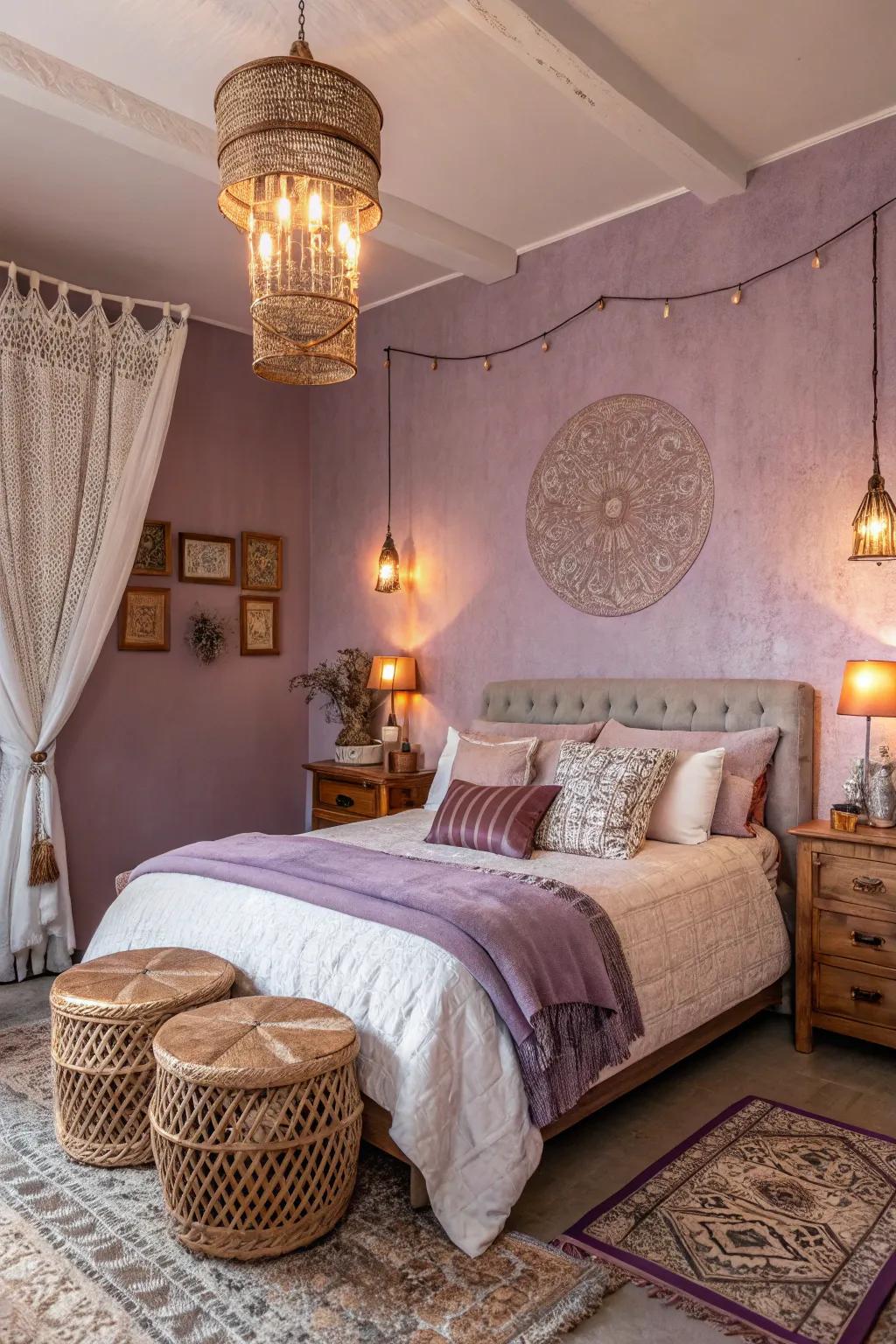 A romantic bedroom with rust and lavender accents.