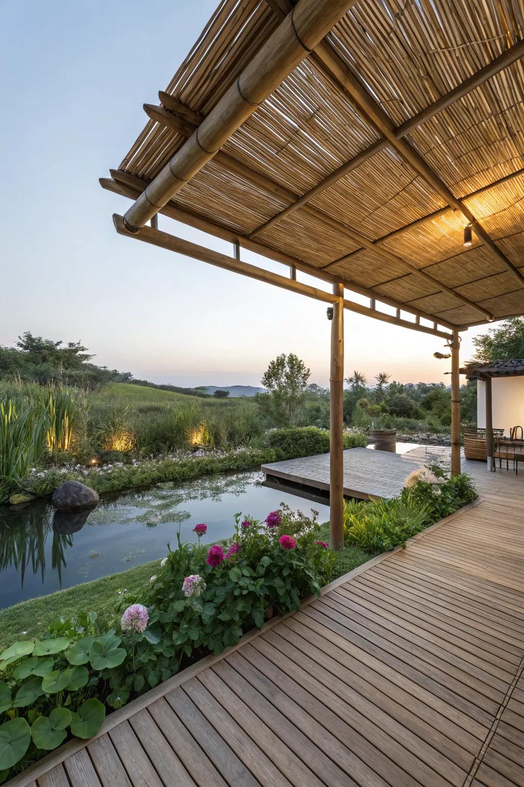 A bamboo roof brings a touch of Zen to this peaceful deck retreat.